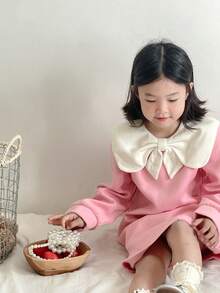 SHEIN 1 pieza Vestido de invierno elegante y versátil para niñas bebé, de manga larga, con cuello de lazo en contraste, de tela de lana rosa, corte holgado, minimalista y lindo, para otoño/invierno 2025 - Rosa - Ver 7