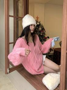 DAZY Suéter de mujer de unicolor con cuello en V, manga larga y trenzado