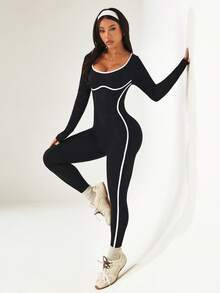 Dewbera Bộ đồ liền thân dài tay tối giản màu tương phản dành cho nữ, đồ thể thao thường ngày - màu đen - Xem 8
