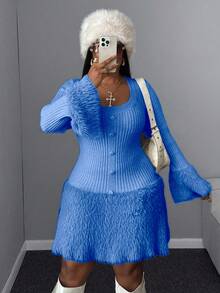 Maweii Plus Size Women Solid Color Elegant Fitted Fuzzy Heart Knitted Sweater Dress - Blue - View 1