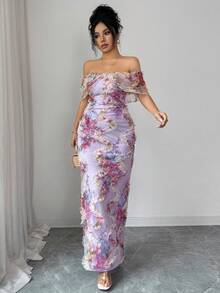 Elenzga Elegant Romantic Ruffle Off Shoulder Fitted Bodycon Dress With 3D Floral Mesh Fabric - Multicolor - View 6