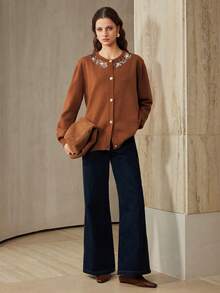 Aveloria Women's Loose Fit, Sequined Embroidery Detailing At The Neckline, Casual Long-Sleeved Cardigan     Winter Clothes For Women  Winter Sweaters For Women - Brown - View 4