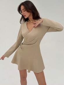 Aloruh Women's Elegant Long-Sleeved V-Neck Mini Dress,Khaki Autumn Solid Color Pleated Waist A-Line Party Dress,Wedding Guest Dinner Date Commute - Grey - View 6