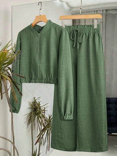 SHEIN LUNE Women 2-Piece Set: Long Sleeve Zip-Up Top And Drawstring Pants