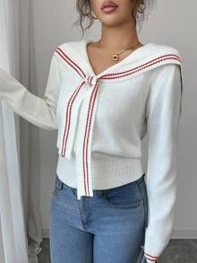 Selianne Colorblock Striped Pattern Knotted Elegant Long Sleeve Pullover Sweater - White - View 4