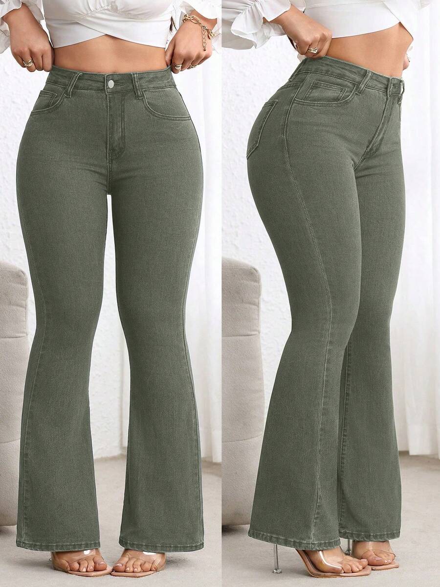 SHEIN CURVE+ 大码女式牛仔弹力修身性感喇叭裤,牛仔/竞技风格 - 軍綠色 - 查看 1