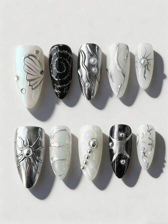 Goth 10 قطعة أظافر مستعارة بطراز حلو وبارد على شكل شمس مصنوعة يدويًا + 3 قطع لاصق ثنائي الجانب، ملصقات أظافر ملونة بطريقة اليدوية قابلة للإزالة من طراز Y2K، فن أظافر مرصع بترتر عالي الجودة مناسب للاحتفالات والرقص والاستخدام اليومي