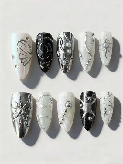 Goth 10pcs Sweet & Cool Style Sun Handmade False Nails + 3pcs Double-Sided Adhesive, Removable Y2K Hand-Painted Coil Nail Stickers, High-Quality Sequin Patchwork Nail Art Suitable For Festival Parties, Dance, And Daily Wear