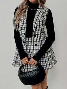 Juhart Ensemble 2 pièces grande taille pour femmes, composé d'un gilet à motif écossais et d'une jupe mi-longue évasée. Élégant pour les déplacements quotidiens