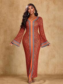 Brilight Women's Tropical Elegant Positioning Print V-Neck Long Sleeve Slim Dress, Suitable For Gatherings And Parties, South African Pattern, South African Traditional Clothing, Autumn Dress, Women's Dress, Elegant Party Dress