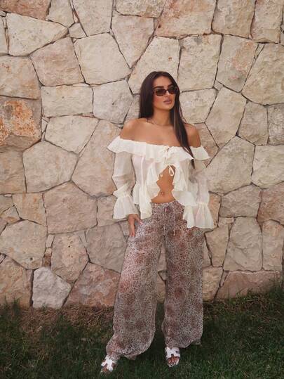 Ambs Edit 印花网眼花卉阔腿系带裤 春夏、伊比沙岛、假日、可爱、浪漫、节日、度假沙滩装、海滩波西米亚风万圣节派对秋季