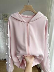 Comfortcana Plus Size Color Block Bow Decor Hooded Zip-Up Long Sleeve Sweatshirt/Winter - Pink - View 7