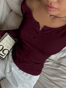 SHEIN EZwear 女士休闲紧身圆领长袖T恤，适合秋冬季 - 酒紅色 - 查看 5