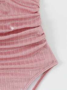 Swim Oasis 夏季新款女士连体泳衣套装（2件套），金属海星亮片面料连体泳衣及半裙，沙滩度假粉色亮片泳衣，水钻泳衣，两件套闪亮泳衣，两件套裹身裙泳衣，粉色闪亮水钻两件套半裙套装 - 粉色 - 查看 4