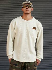 DAZY Textured Fabric Graphic Crew Neck Beige Men's T-Shirt, Autumn - Beige - View 3