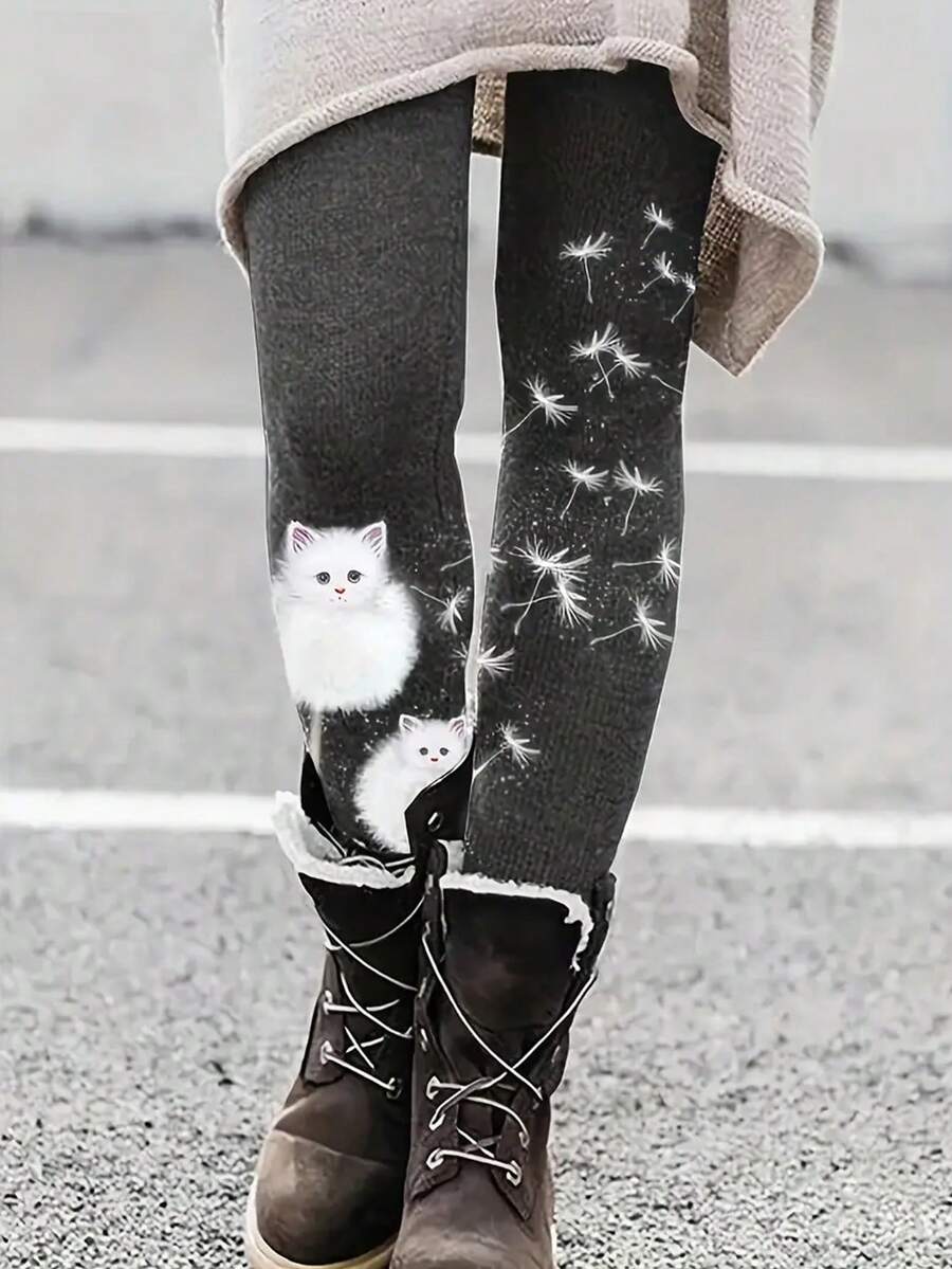 EMERY ROSE Ladies' Sexy Cat Print Tight Pants, All Season Tight Yoga Pants, Suitable For All Seasons - Black - View 1