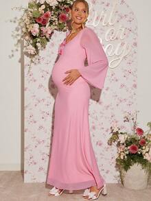 Loomaby Elegant Pink Autumn Pregnant Maternity Dress,Solid Color Flare Sleeve Bow Decor Baby Shower Dress,Gender Reveal Breastfeeding Gown For Photoshoot - Pink - View 7