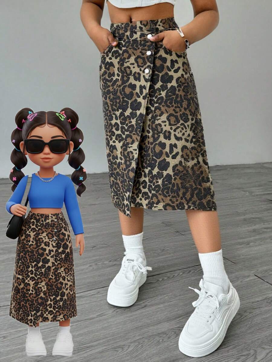 Tween Girls Casual Frayed Hem Asymmetric Waist Denim Long Skirt With Leopard Print, Soft Washed, Comfortable, Fashionable, Suitable For Fall& Winter,For Girls Daily Clothes And Streetwear Outfits, Back To School Homecoming Outfits,Christmas Clothes Halloween Outfits,Suitable For School, Home And Travel