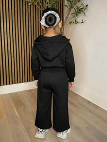 Young Girl Casual Knit Hooded Sweatshirt Sweatshirt And Ruched Sweatpants Set - Black - View 2