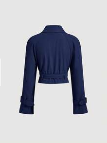 SHEIN MOD 女士皇家蓝短款休闲宽松外套，配腰带，秋季外套，秋装，秋装，度假女装，返校季 - 寶藍色 - 查看 2