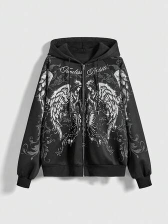 ROMWE Avant Sweat-shirt-shirt ample à imprimé ailes d'ange et épines vintage avec ornements de strass, unisexe