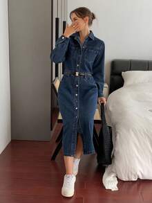DAZY Simple Style Button Decor Lapel Long Sleeve Denim Dress