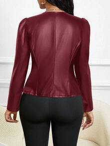 SHEIN Lady 女士PU皮机车夹克，优雅开襟黑色外套，秋冬款 - 酒紅色 - 查看 2