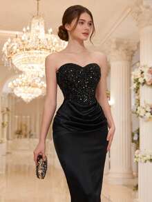 SHEIN Teen Girls' Elegant & Glamorous Long Black Spaghetti Strap Party Dress Sequin Bustier Girl Teen Elegant Dress Dinner Dress Strapless Dress Elegant Black Dress - Black - View 1