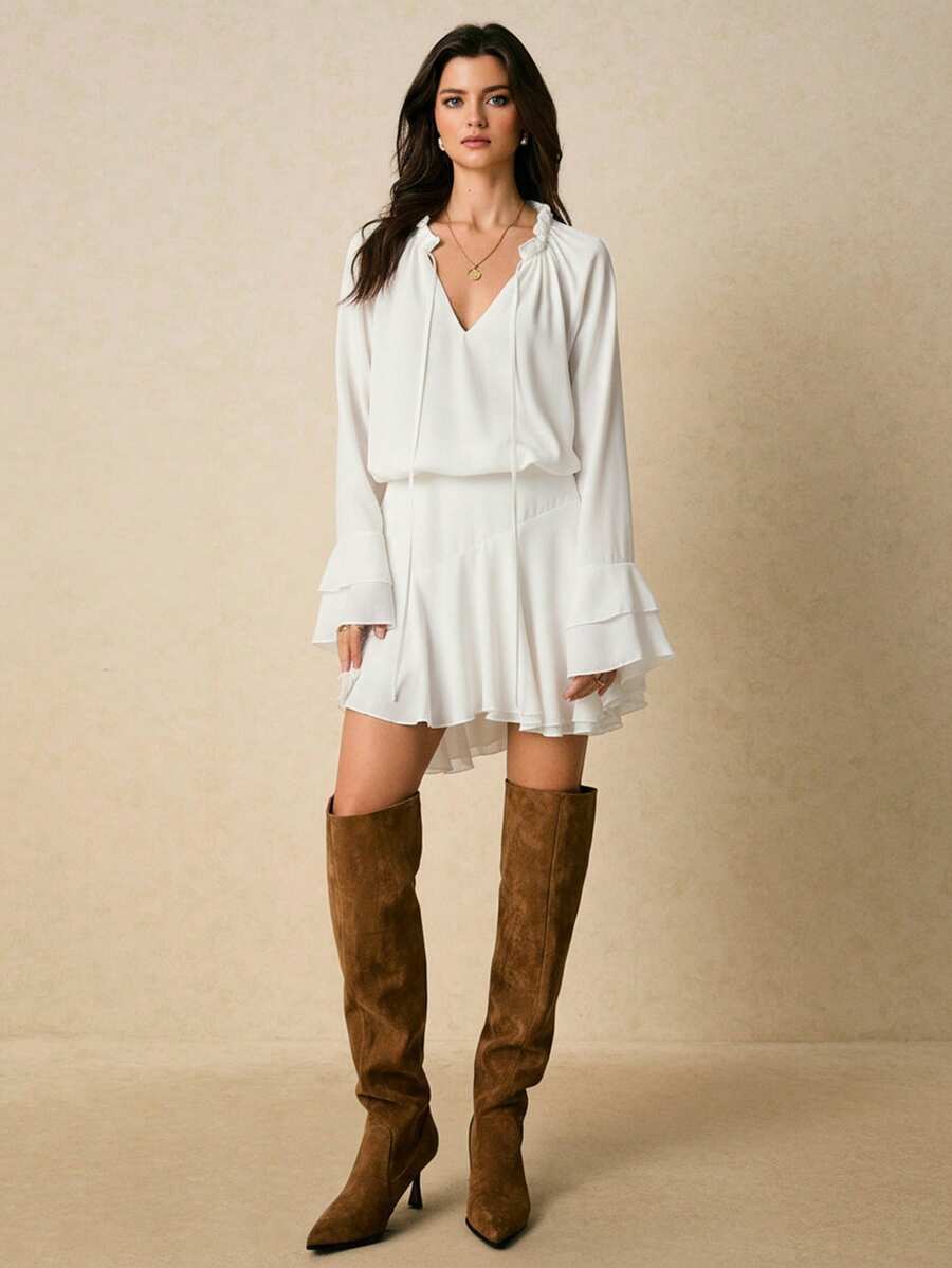 Poéselle 女士优雅纯色系带短裙 - 白色 - 查看 1