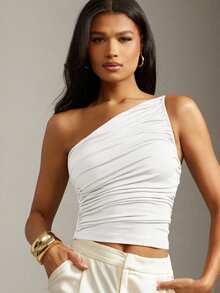 Hauture Women's Basic Casual Office Old Money One Shoulder Side Ruched Knit Jersey Brown Top - White - View 2