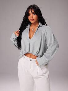Rustia Retro American Sports Style Low V-Neck Pleated Raglan Sleeve Women Sweatshirt - Grey - View 5