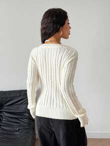 SHEIN PETITE 女式纯色休闲扭纹宽松长袖毛衣上衣，秋冬 - 杏色 - 查看 5