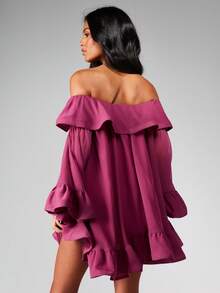 MISSGUIDED 露肩迷你连衣裙，荷叶边喇叭袖，飘逸柔美，适合派对和晚宴穿着 - 紫色 - 查看 2