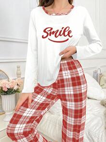 SHEIN Plaid Loose Women's Pajama Set, 2-Piece Long Sleeve Top & Pants, Fall & Winter Clothes - Red - View 4