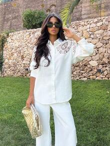 Ronhire Women's Solid Color Patchwork Lace Loose Shirt And Wide Leg Pants Set, Spring/Summer/Autumn - White - View 5