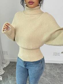 Chiquease Maglione a collo alto aderente in maglia a costine di colore unito, elegante, adatto per l'autunno/inverno - Cachi - Visualizzare 6