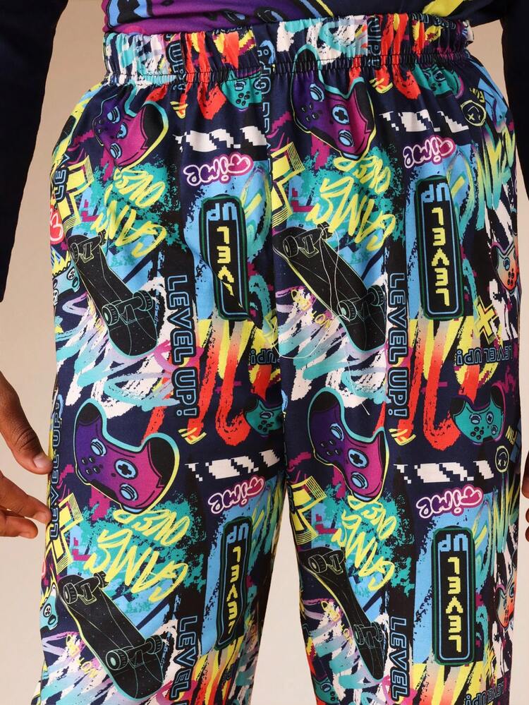 Gaming Pajama Set With Cartoon Pants
