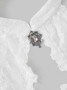 ROMWE Goth 哥特式宫廷风喇叭袖薄纱蕾丝露脐吊带上衣 - 白色 - 查看 3