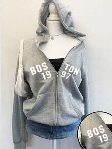 SHEIN 1件少女高档灰色连帽字母波士顿城市印花拉链长袖外套，百搭街头风，日常穿着舒适，适合秋冬季节穿着。灰色拉链卫衣，灰色立领拉链赛车风格卫衣。 - 灰色 - 查看 2