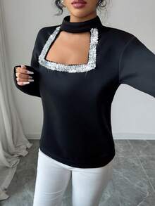 Elenzga Women's Winter Small Round Neck Drop Shoulder Long Sleeve Loose Hem Ribbed Splice Hollow Sequin Trim Elegant Fashion Casual Sweatshirt - Black - View 7