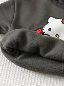 HELLO KITTY AND FRIENDS | SHEIN 女童两件套休闲百搭舒适猫咪印花圆领宽松卫衣和慢跑裤套装 - 灰色 - 查看 7