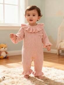Pelele de suéter para bebé niña, con cuello y bajo con volantes, decorado con lazo 3D de manga larga, pelele de punto rosa para bebé niña, conjunto de punto rosa para bebé niña, pelele de volantes rosa con lazo para bebé, ropa de bebé melocotón, pelele rosa para bebé niña, conjunto de punto para bebé niña, suéter de bebé niña, ropa de bebé neutra recién nacida, pelele casual de bebé, ropa de bebé cálida de 0 a 3 meses para niña en invierno - Rosa Pálido - Ver 6