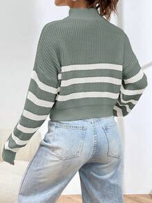 SHEIN Unity Suéter holgado de manga larga con cuello alto, media cremallera y patrón de rayas para mujer - Multicolor - Ver 2