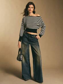 Poéselle Tricou damă cu mânecă lungă, croit, casual, cu umeri asimetrici, cu dungi, la modă