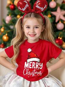 SHEIN 小女孩 Happikins 圣诞节，可爱圣诞帽和心形字母印花，家庭圣诞亲子装，休闲圣诞图案短袖T恤 - 紅色 - 查看 1