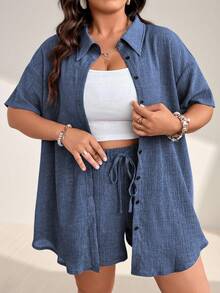 Momelise Plus Size Vacation Casual Solid Color Shirt & Shorts 2 Pieces Set - Dusty Blue - View 3