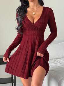 SHEIN PETITE Burgundy Deep V-Neck Crossed Wrap Ribbed Long Sleeve Dress Women Elegant,Autumn Chic Night Out Solid Color New Years Outfit Red Wine Dress - Burgundy - View 4