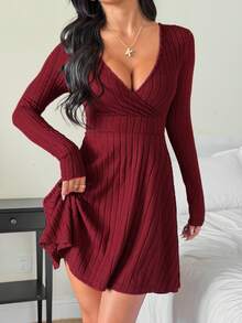 SHEIN PETITE Burgundy Deep V-Neck Crossed Wrap Ribbed Long Sleeve Dress Women Elegant,Autumn Chic Night Out Solid Color New Years Outfit Red Wine Dress - Burgundy - View 7