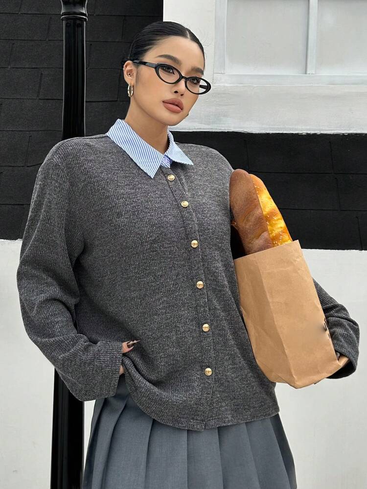 Dazy Plus Fashionable Casual Color Block Splicing Shirt Collar Loose Versatile Plus Size Women T-Shirt, Spring/Autumn Long Sleeve Women
