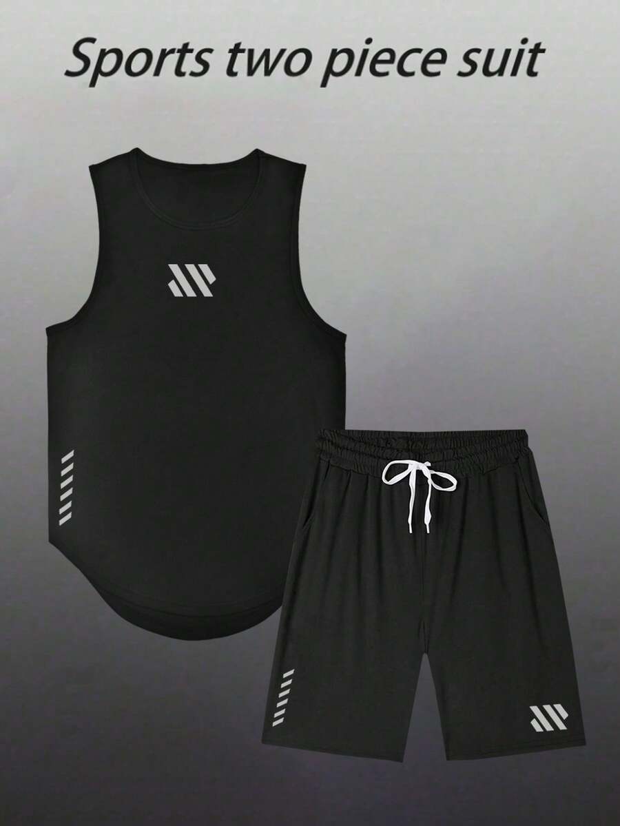 Manfinity Sport Corelite Men's Breathable Knitted Fabric Sports Set: Sleeveless Round Neck Tank Top And Regular Length Shorts, Black,GYM,Breathable